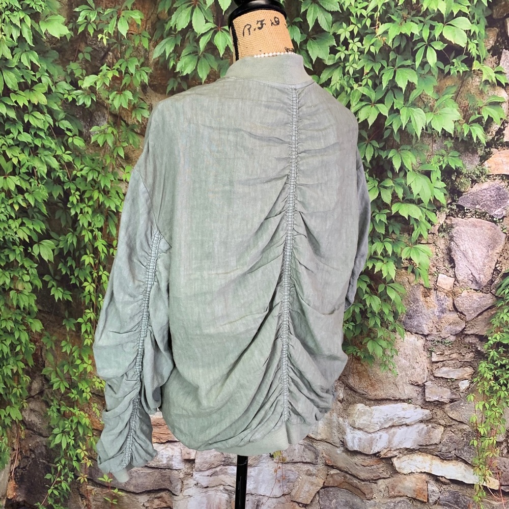 FREE PEOPLE Festival Wear Ruched Linen Oliver Green Bomber Jacket, S - Picture 9 of 16